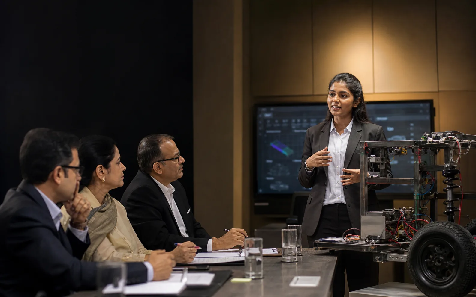 Final-year engineering student presenting a technical project to an industry review panel