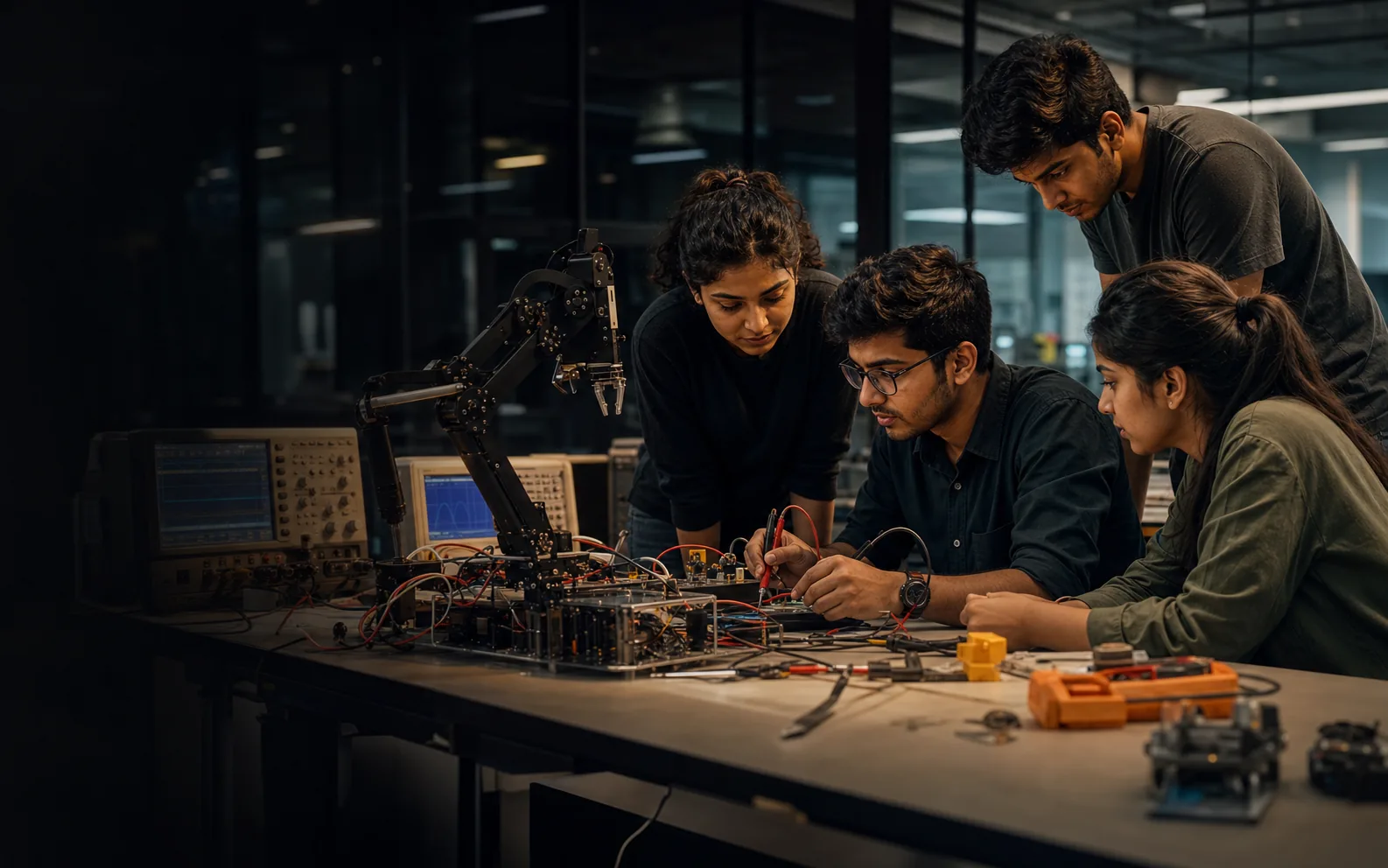 Students testing an electronics and robotics system