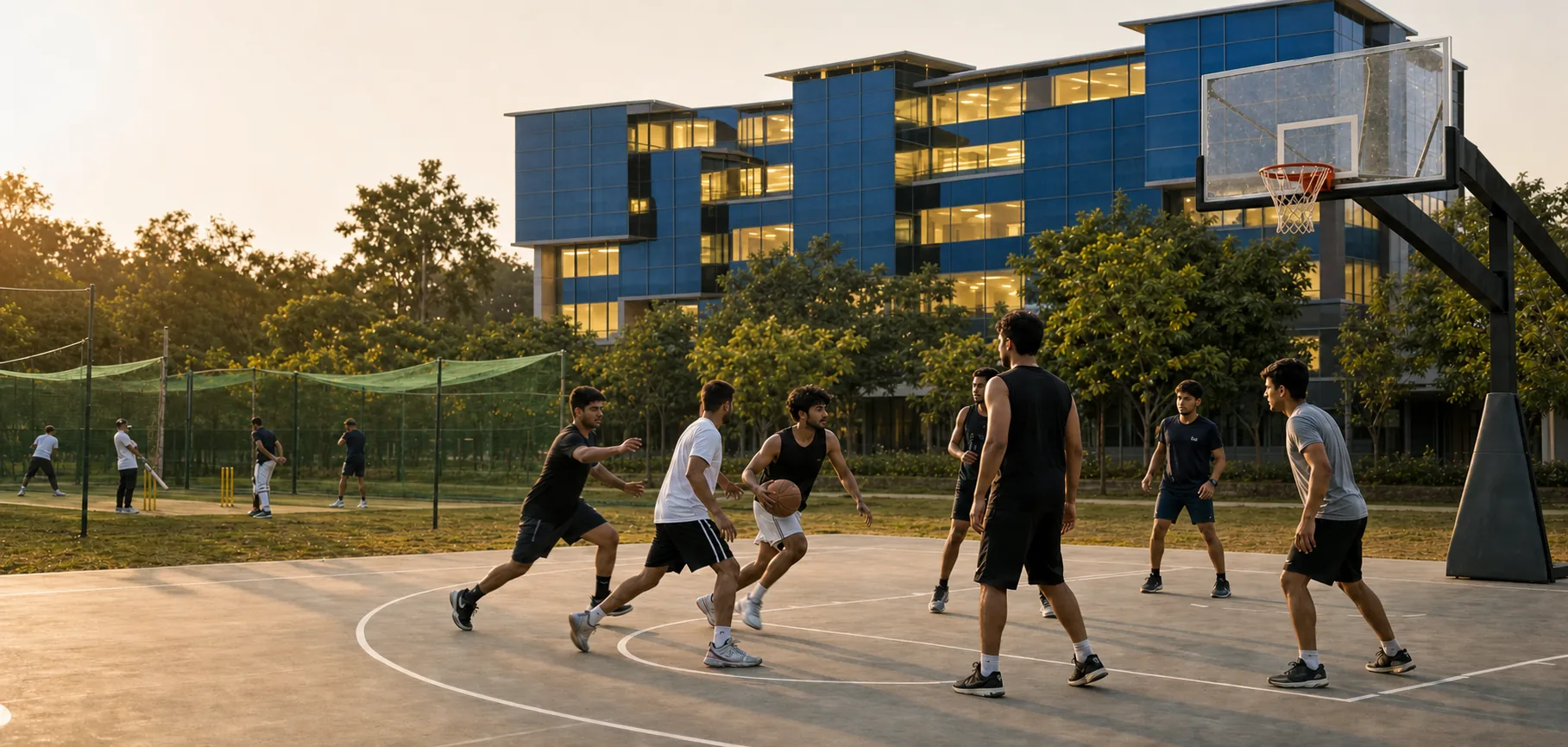 Students playing basketball with the supplied ACE building in the background